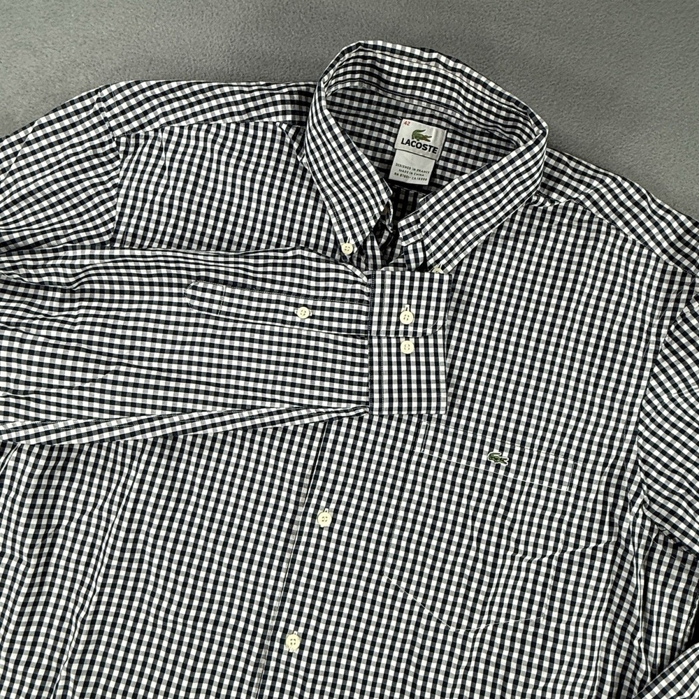 Lacoste Mens Large Blue Plaid Button Down Shirt Long Sleeve Cotton Logo 42